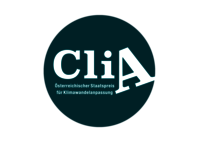 © Klima- und Energiefonds/Angieneering Logo Staatspreis Klimawandelanpassung: türkiser Kreis mit weißem Schriftzug "CliA"